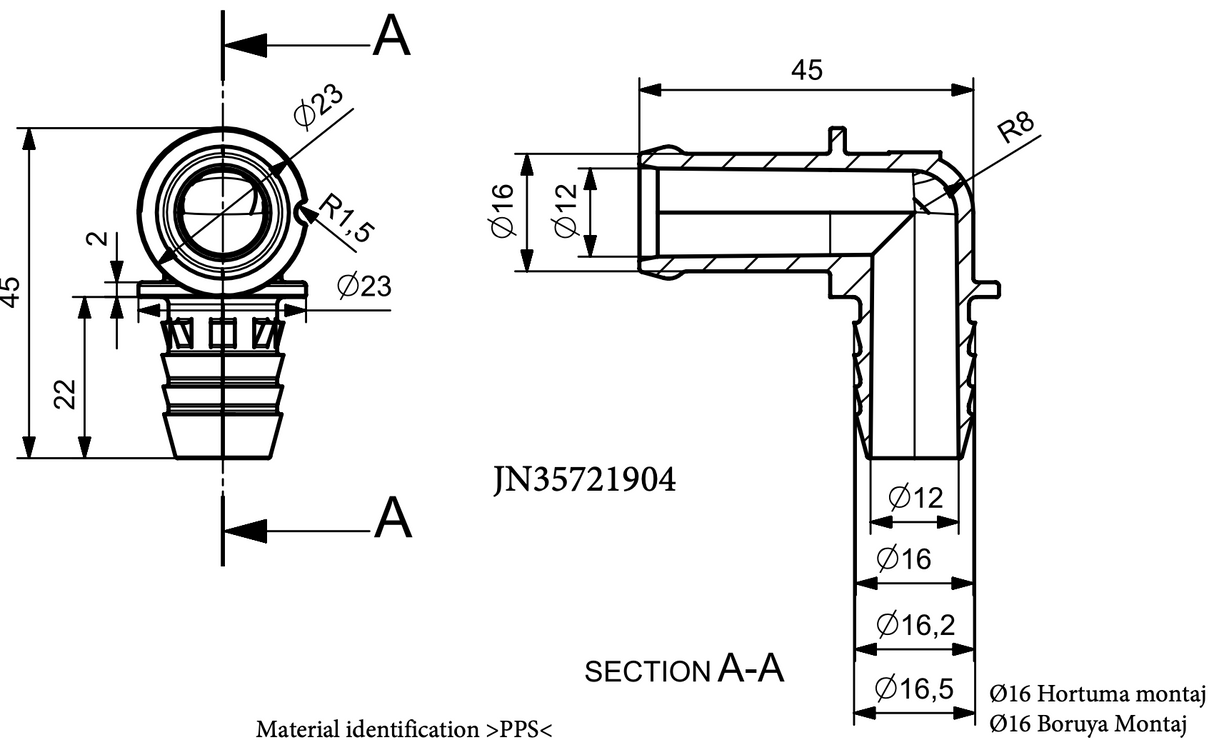 Plastikrohrverbinder / L-Kunststoffverbinder / Interne Bauteile: JN35721904 / OEM Bauteilnummer: 4KE.121.089.CB (dient nur zum Vergleich) /Verwendung: Kunststoffleitung